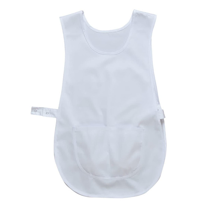 A white tabard with a front pocket and adjustable strap, designed for salon and spa uniforms.