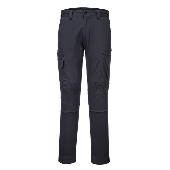 Black cargo trousers featuring multiple pockets and a straight-leg design. Includes a branding logo.