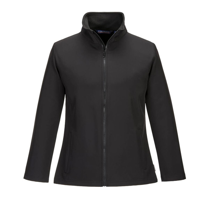A women's soft shell jacket in black with a zip front and high collar, featuring an unbranded design.
