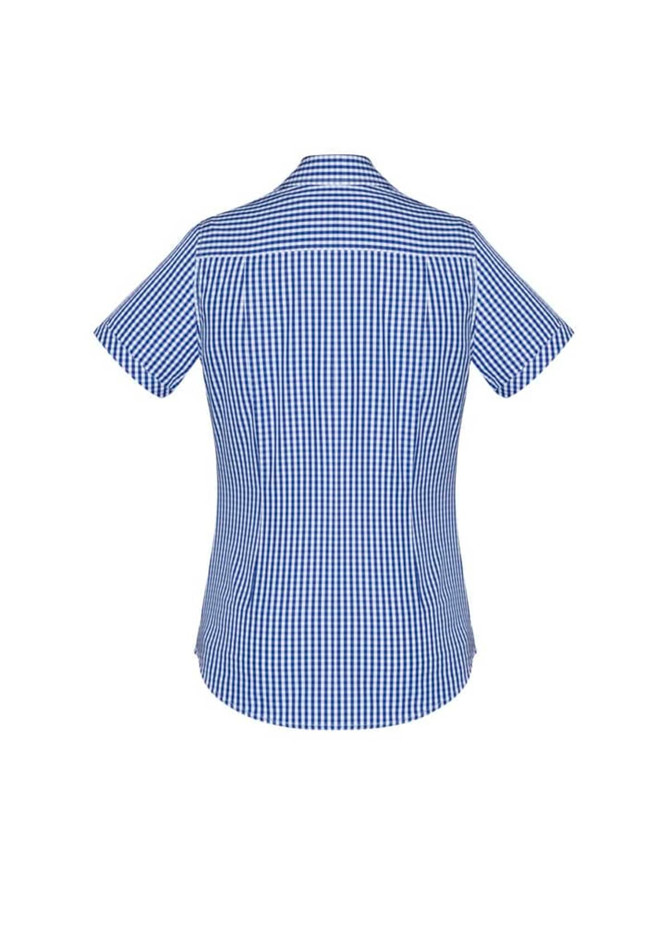 A blue and white checked short sleeve button-up shirt featuring a back yoke and a logo.