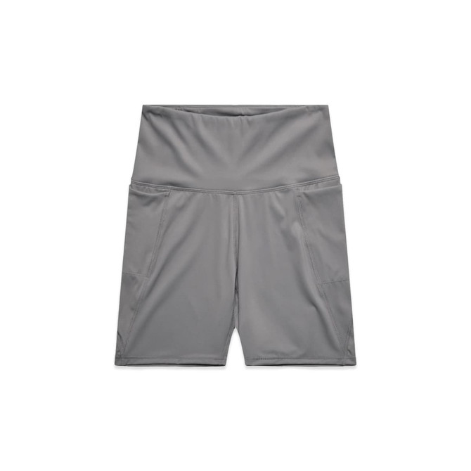Active bike shorts in a smooth grey fabric, featuring two side pockets and a wide waistband, with a logo displayed.