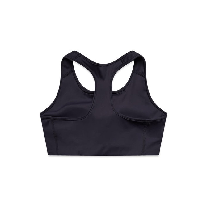A black sports crop top with a racerback design and stitching details, featuring a logo on the back.