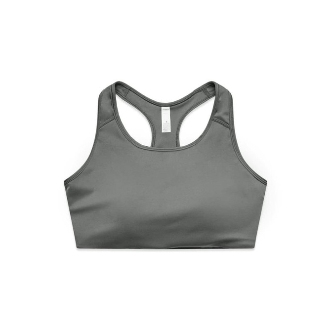 A grey sports crop top featuring a racerback design, with stitching details and a logo.
