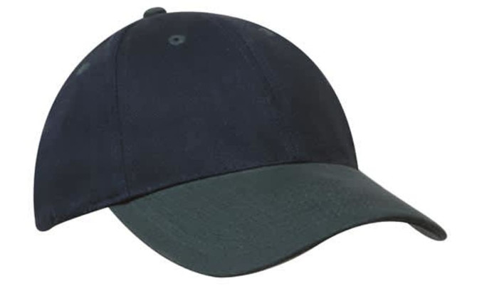 A navy and dark green brushed heavy cotton cap featuring a logo on the front.