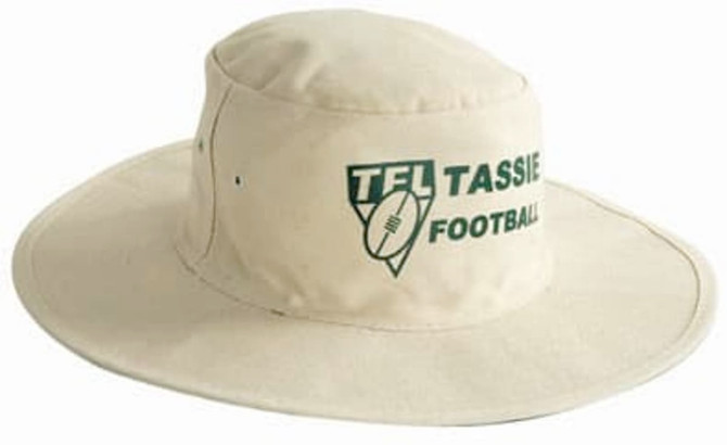 A beige canvas hat featuring a logo and text related to Tassie Football.
