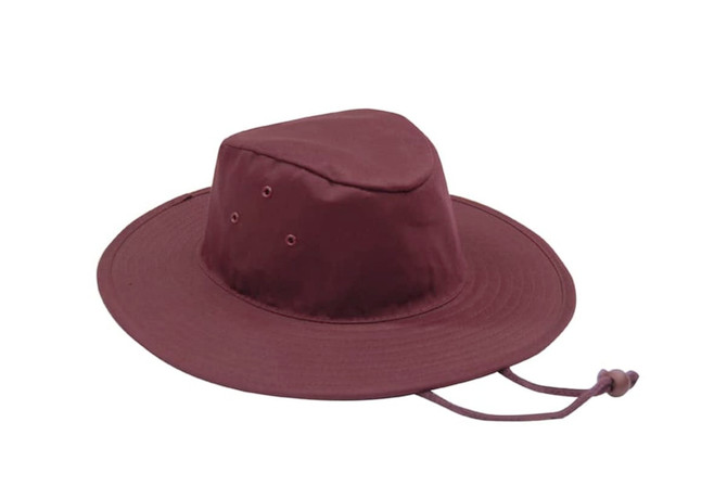 A maroon Poly Cotton Slouch Hat with ventilation holes and an adjustable chin strap. It features a simple design.