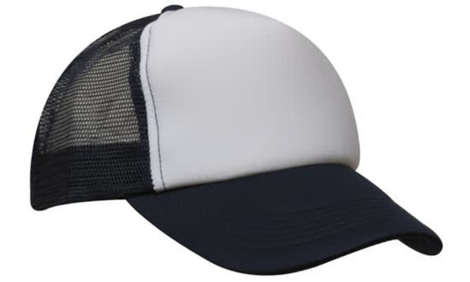 A truckers mesh cap featuring a white front panel and a black mesh back, with a curved peak.