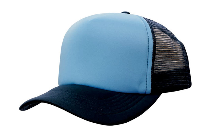 A truckers mesh cap in light blue with a black visor and mesh back, featuring a logo on the front.