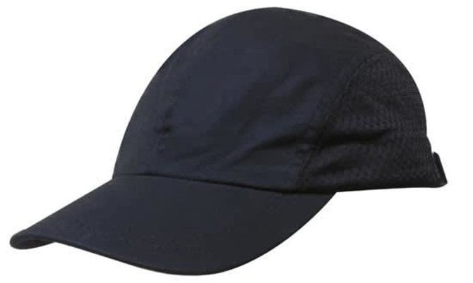 A black brushed cotton cap with a mesh design on the sides and a curved visor, featuring a logo.