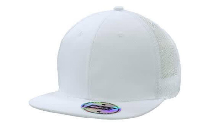 A white premium twill cap with a mesh back and snapback pro styling, featuring a logo.