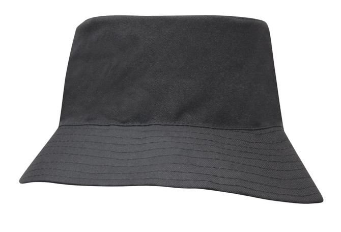 A breathable poly twill child's bucket hat in dark grey with a wide brim, featuring a logo.