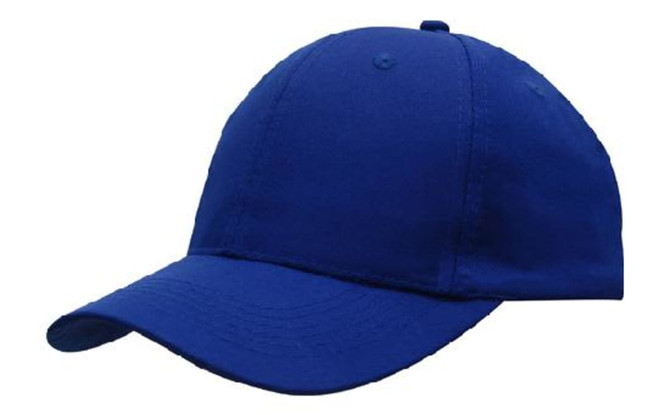 A blue recycled breathable poly twill cap with a rounded crown and a curved brim. Features a logo.
