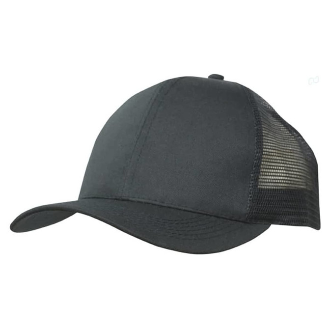 A black organic brushed heavy cotton cap with a mesh back, featuring a logo on the front.