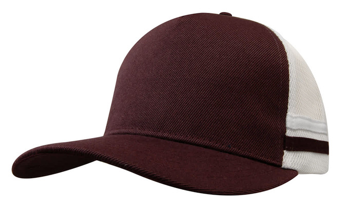 A deep fit trucker cap in maroon and white with stripes and a logo on the side.