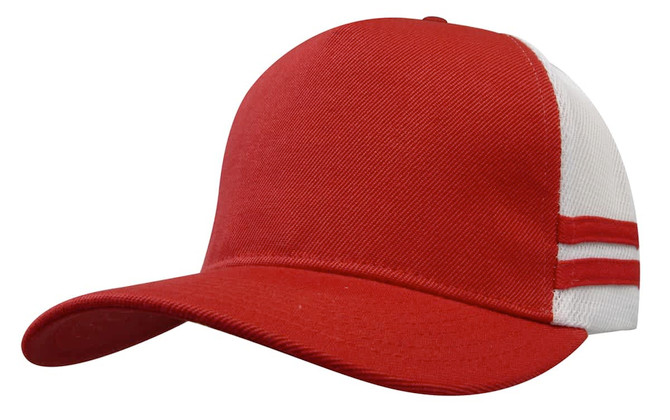 A red and white trucker cap featuring stripes and a branded logo on the front panel.