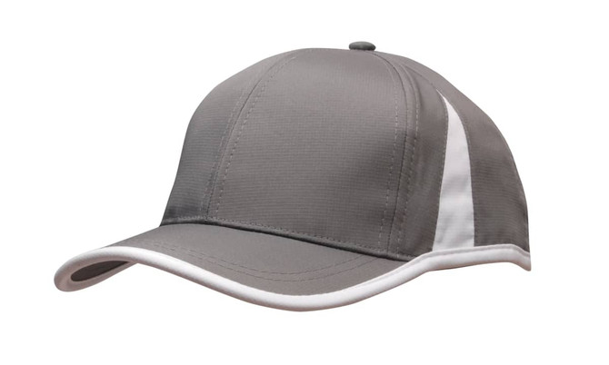 A grey cap with white trim and inserts, featuring a logo on the side.