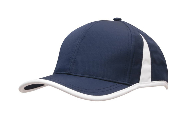 A navy cap with white trim and inserts, featuring a logo on the side.