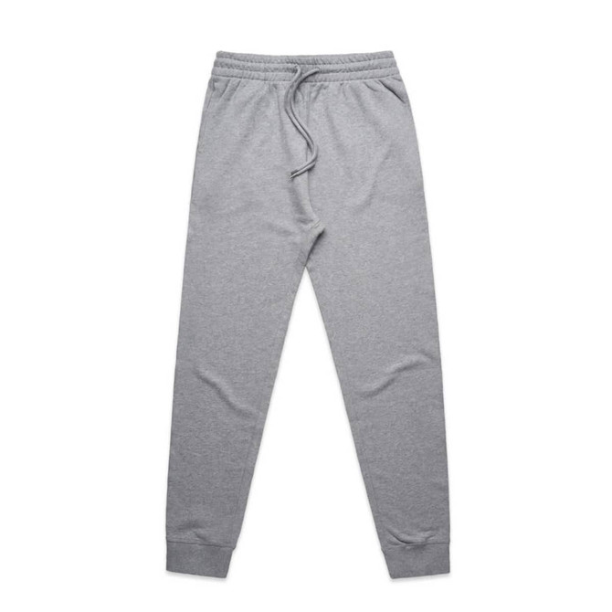 Grey track pants featuring a drawstring waistband and fitted cuffs. The product has a logo.