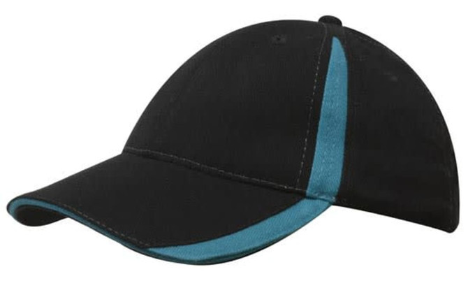 A black cap with turquoise inserts on the peak and crown, featuring a logo.