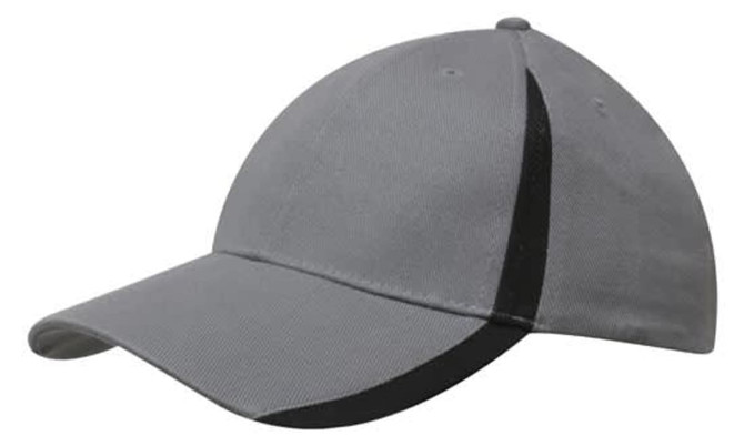 A grey cap with black inserts on the peak and crown, featuring a branding logo.