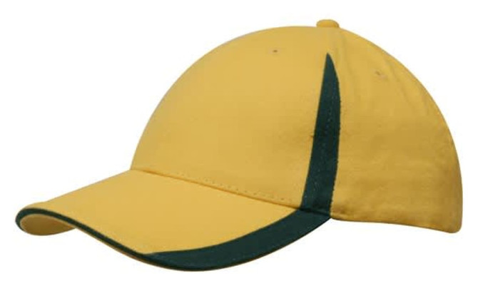 A yellow cap featuring green inserts on the peak and crown, with a logo present.