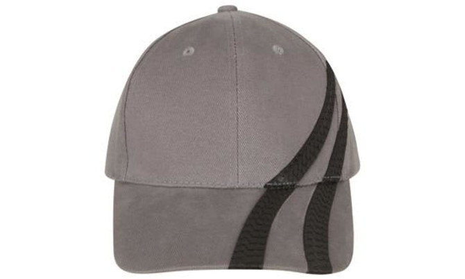 A grey cap featuring black tyre track patterns and a logo on the front.