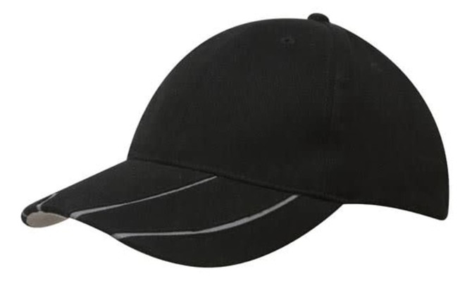 A black cap featuring a hi-vis laminated two-tone peak and a logo on the front.