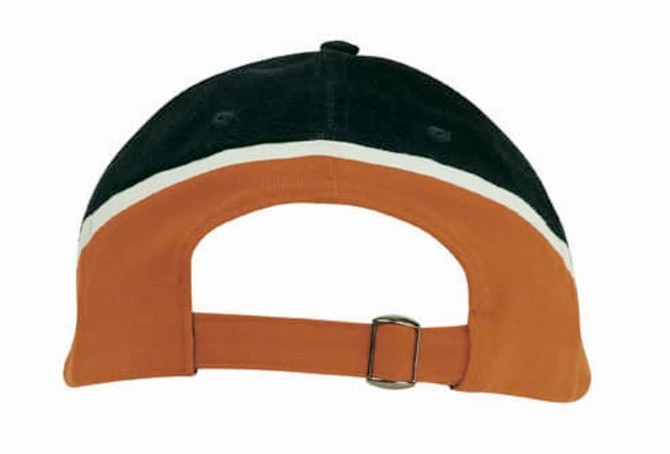 A tri-coloured cap featuring black, orange, and white panels, with an adjustable strap at the back and a logo.