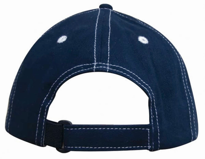 A navy cap with contrasting white stitching and an adjustable strap at the back, featuring a logo.