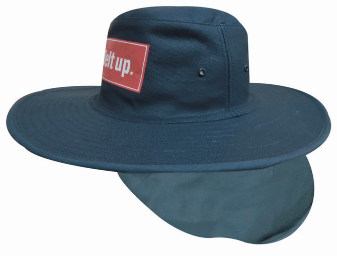 A navy canvas sun hat with a wide brim and an attached neck flap, featuring a logo on the front.