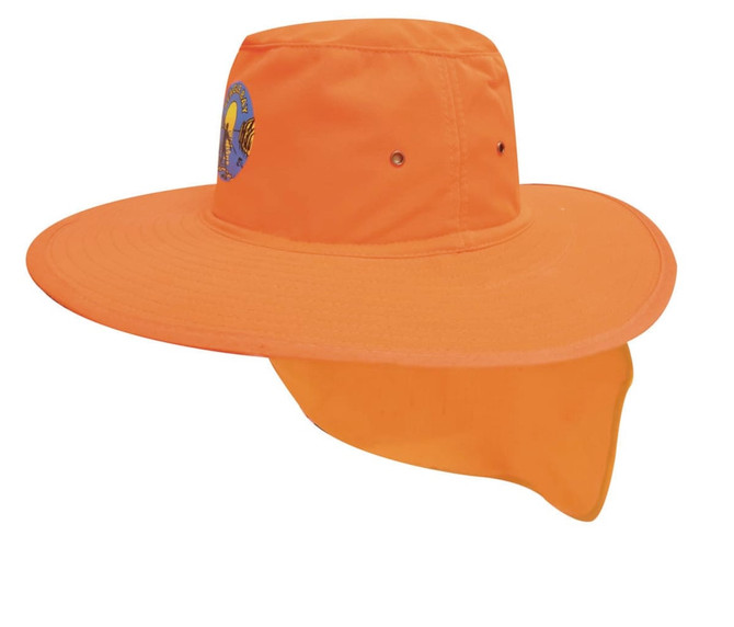 An orange canvas sun hat with a wide brim and a neck flap, featuring a logo.