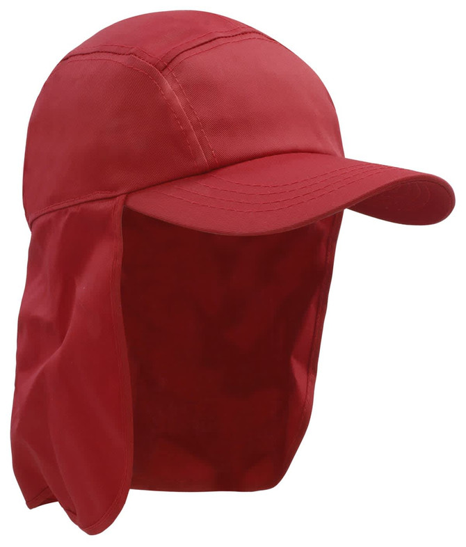 A red Poly Cotton Legionnaire Cap with a wide brim and neck flap, featuring a logo on the front.