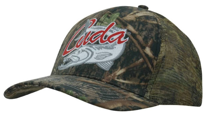 A camouflage cap in shades of green and brown with a mesh back and a logo on the front.