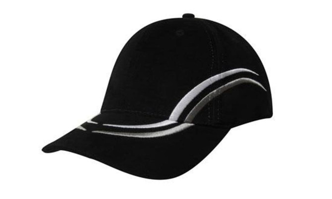 A black brushed heavy cotton cap featuring curved embroidery on the crown and peak, with a logo.