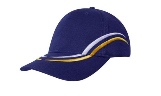 A navy blue cap featuring curved embroidery in white and yellow, with a branding logo on the front.