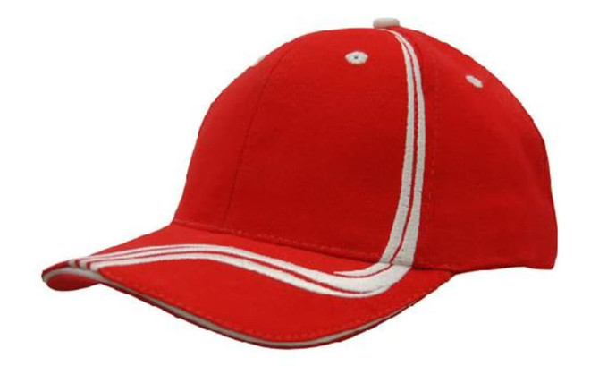A red cap with white waving stripes on the crown and peak, featuring stitching details and an adjustable fit.