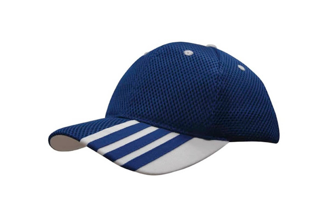 A navy blue mesh cap featuring white striping on the peak and a logo on the side.