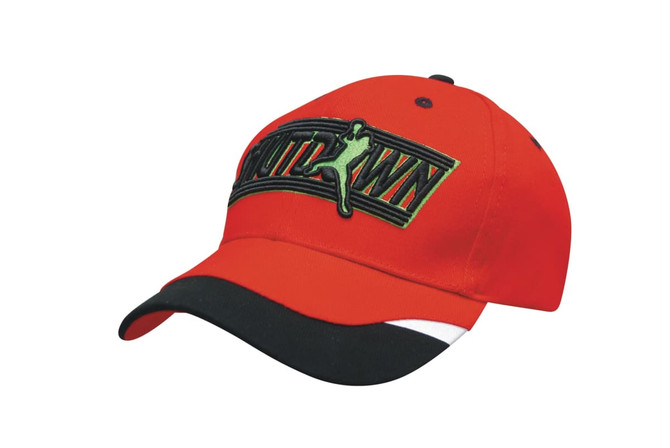 A red cap with a black peak, featuring an embroidered logo and a printed trim.