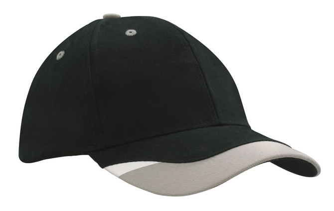 A cap in black with a light grey peak insert and printed trim, featuring a logo.