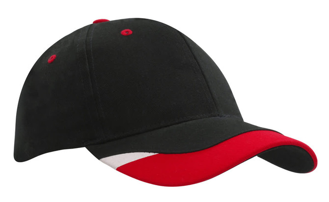 A black cap with a red peak and trim features, including a logo on the side.