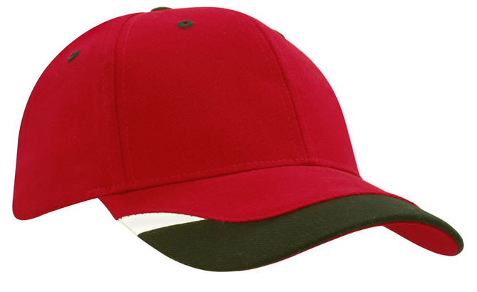 A red cap with a green peak insert and printed trim, featuring a logo on the side.