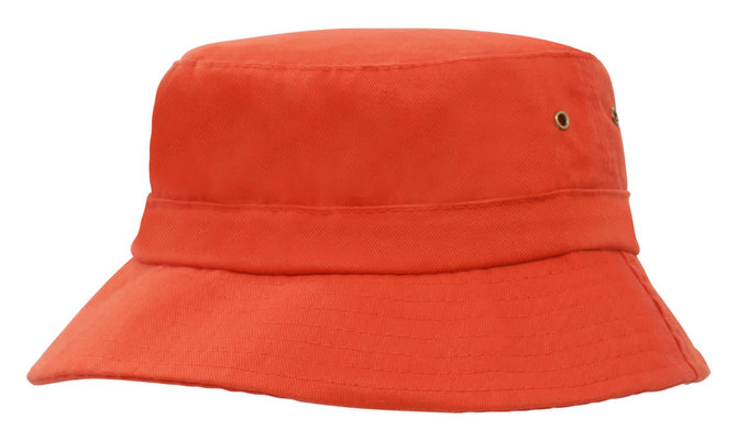 An orange brushed sports twill infants bucket hat featuring a wide brim and ventilation eyelets.