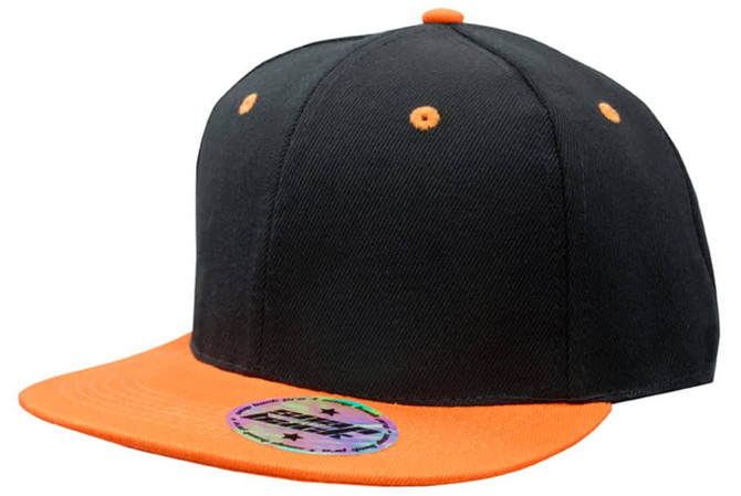 A black cap with an orange brim, featuring a logo on the front.