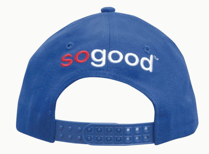 A blue cap with a snapback design featuring a logo on the back.