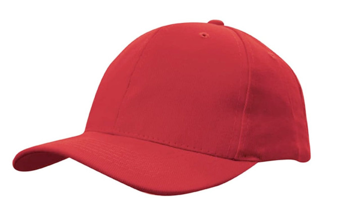 A red cap with a curved peak and an adjustable snapback. The cap features a logo on the front.