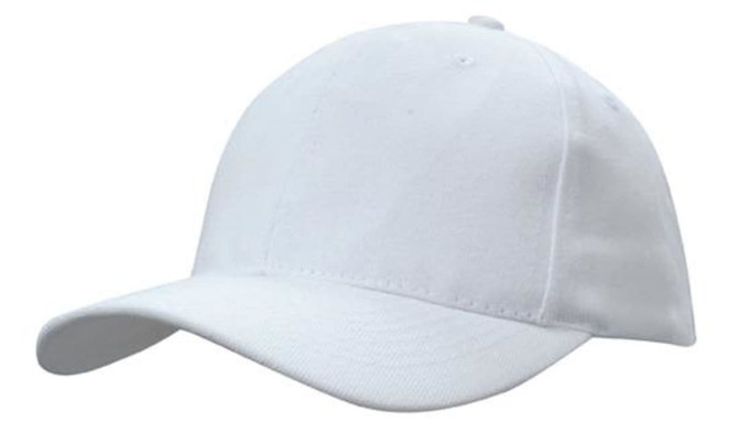 White cap featuring a structured design and adjustable snapback. It includes a logo on the front.