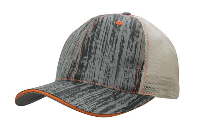 A cap featuring a wood print design in grey with orange accents and a mesh back for breathability.