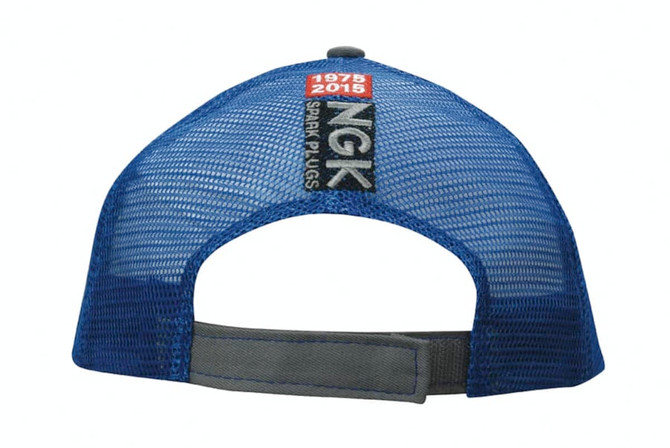 A cap with a blue mesh back, featuring a grey strap and embroidered branding on the back.
