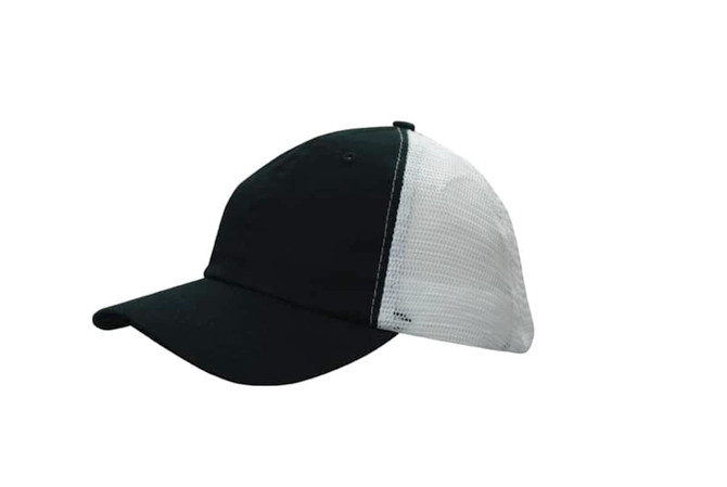 A black cap with a white soft mesh panel, featuring a logo on the front.