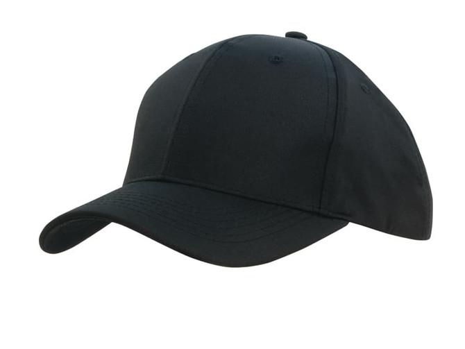 A black sports ripstop cap featuring a curved brim and an adjustable strap, with a logo on the side.